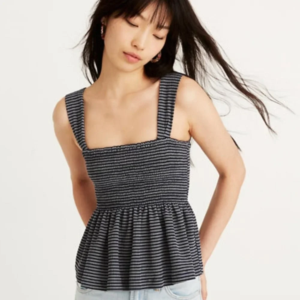 Madewell Texture & Thread Striped Smocked Peplum Tank Top - Size XL
